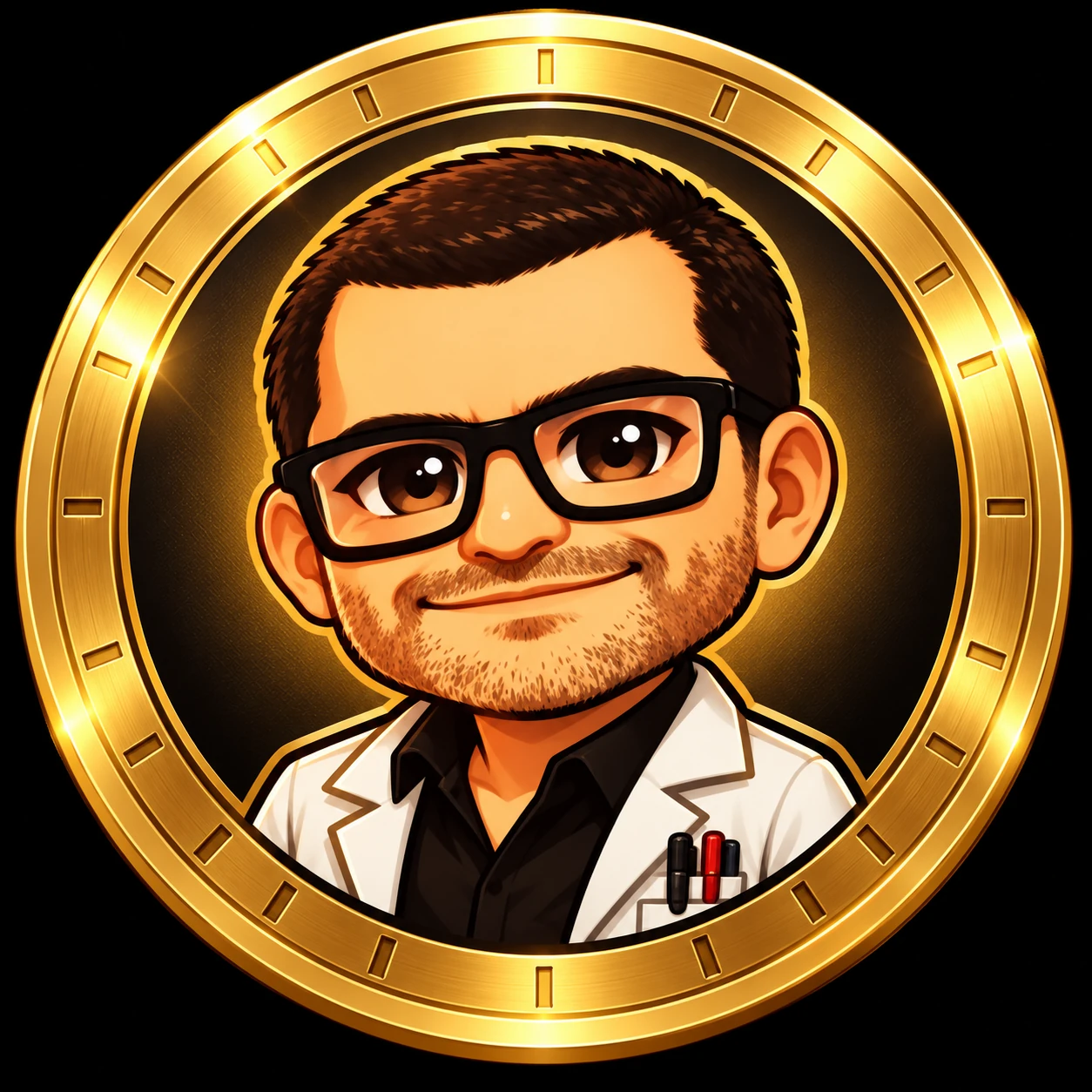Mad Scientist gold coin mascot wearing glasses and lab coat